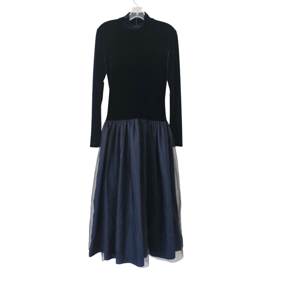 Navy Blue Velvet Mock Neck Long Sleeve Tulle Maxi Dress Drop Waist Formal Medium